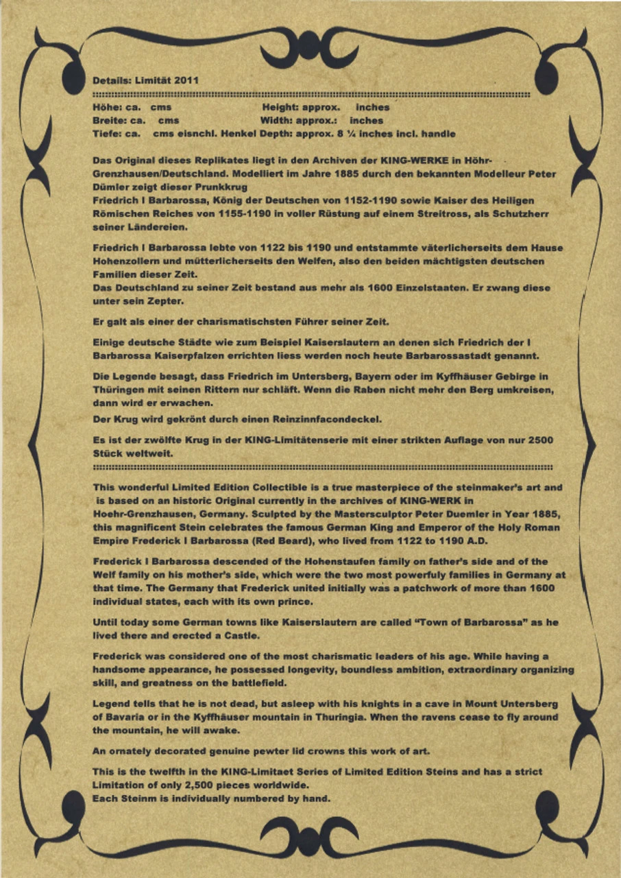 King Limitaet 2011 | King Barbarossa Handpainted Beer Stein 8 King Limitaet 2011 | King Barbarossa Handpainted Beer Stein - Image 6