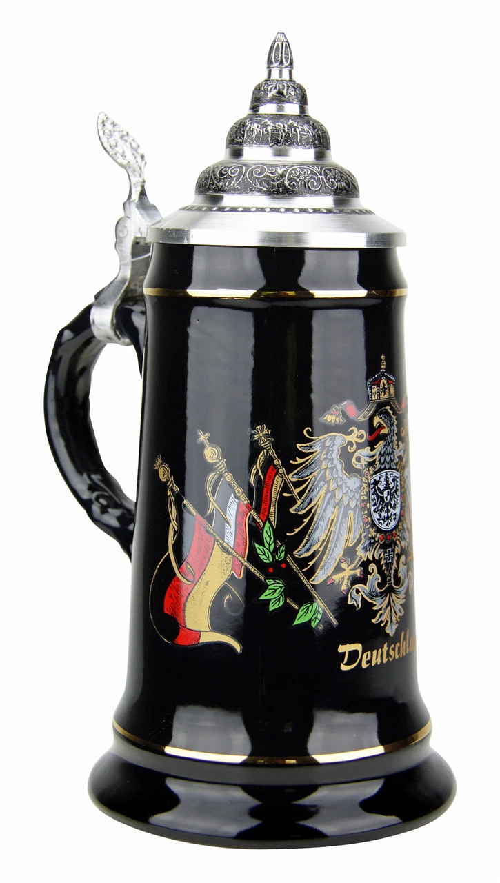 Deutschland Eagle Crest And Flags Black Glaze Beer Stein 3 Deutschland Eagle Crest And Flags Black Glaze Beer Stein