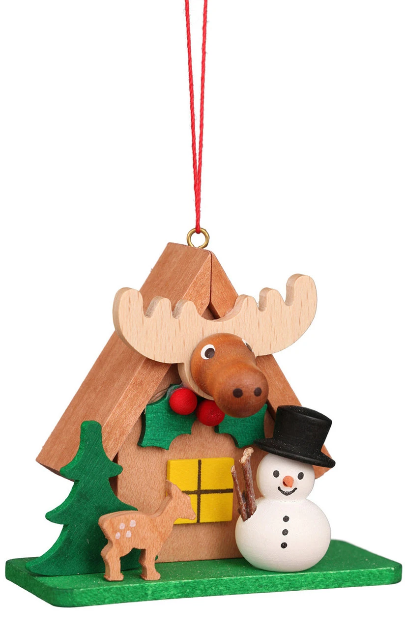Elk House With Snowman Wooden German Christmas Ornament 3 Elk House With Snowman Wooden German Christmas Ornament