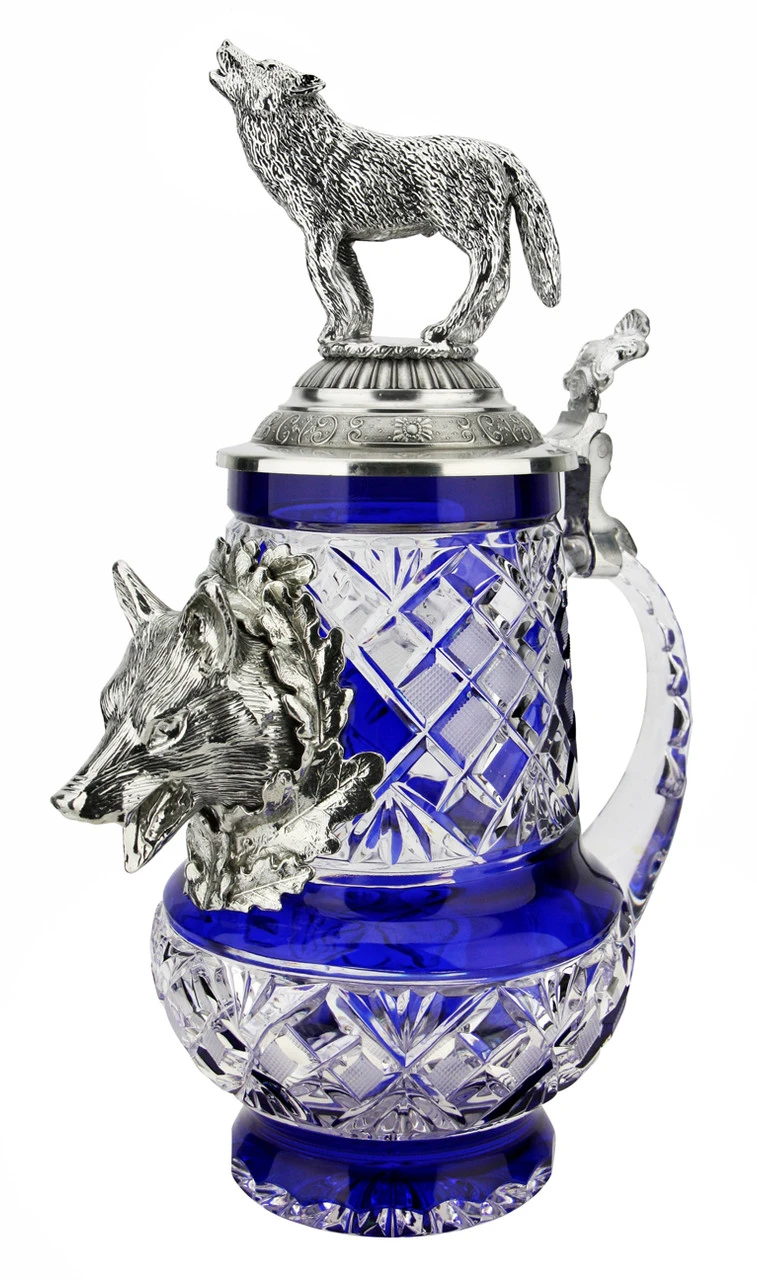 Lord Of Crystal Wolf German Beer Stein Blue | 3D Howling Wolf Lid 3 Lord Of Crystal Wolf German Beer Stein Blue | 3D Howling Wolf Lid