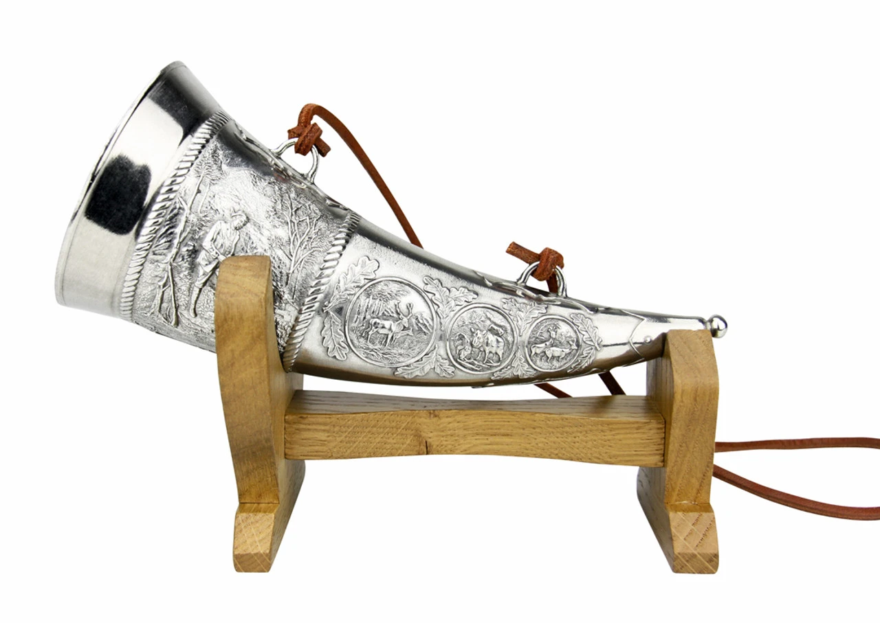 Marksman Hunter Pewter Drinking Horn With Wooden Stand 3 Marksman Hunter Pewter Drinking Horn With Wooden Stand