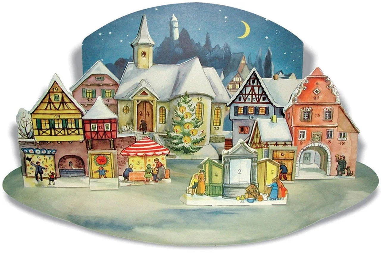 Moonlit Village Christmas Market 1955 Reproduction 3D German Advent Calendar