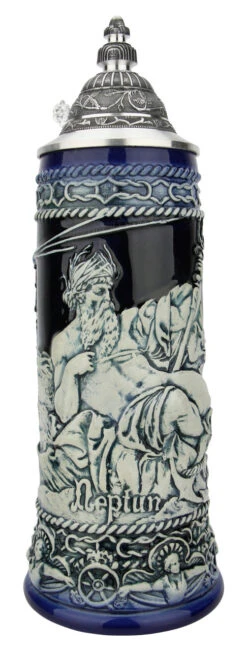 Neptune German Beer Stein With Mermaid Handle | Cobalt