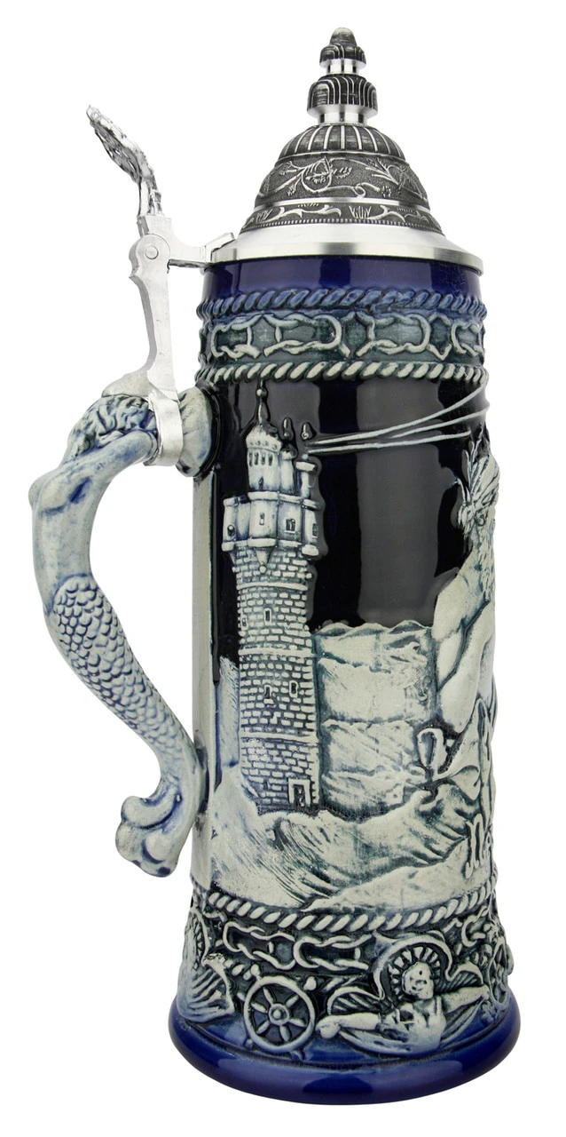 Neptune German Beer Stein With Mermaid Handle | Cobalt 5 Neptune German Beer Stein With Mermaid Handle | Cobalt - Image 3