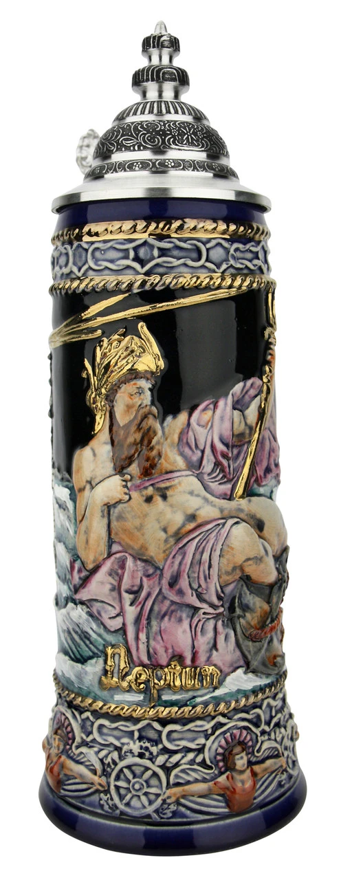 Neptune German Beer Stein With Mermaid Handle | Handpainted 3 Neptune German Beer Stein With Mermaid Handle | Handpainted