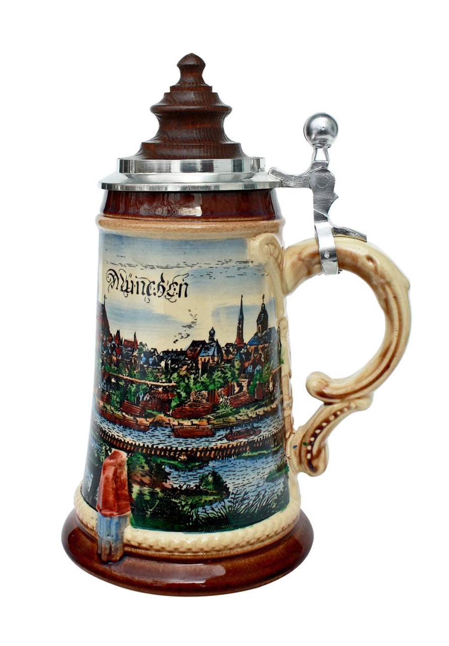 Old Munich Beer Stein With Wood Lid 4 Old Munich Beer Stein With Wood Lid - Image 2