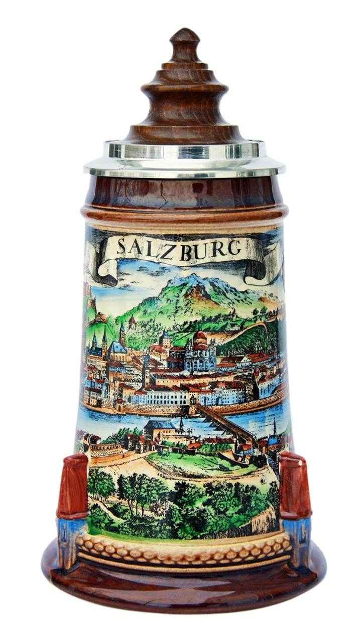 Old Salzburg Beer Stein With Wood Lid 3 Old Salzburg Beer Stein With Wood Lid