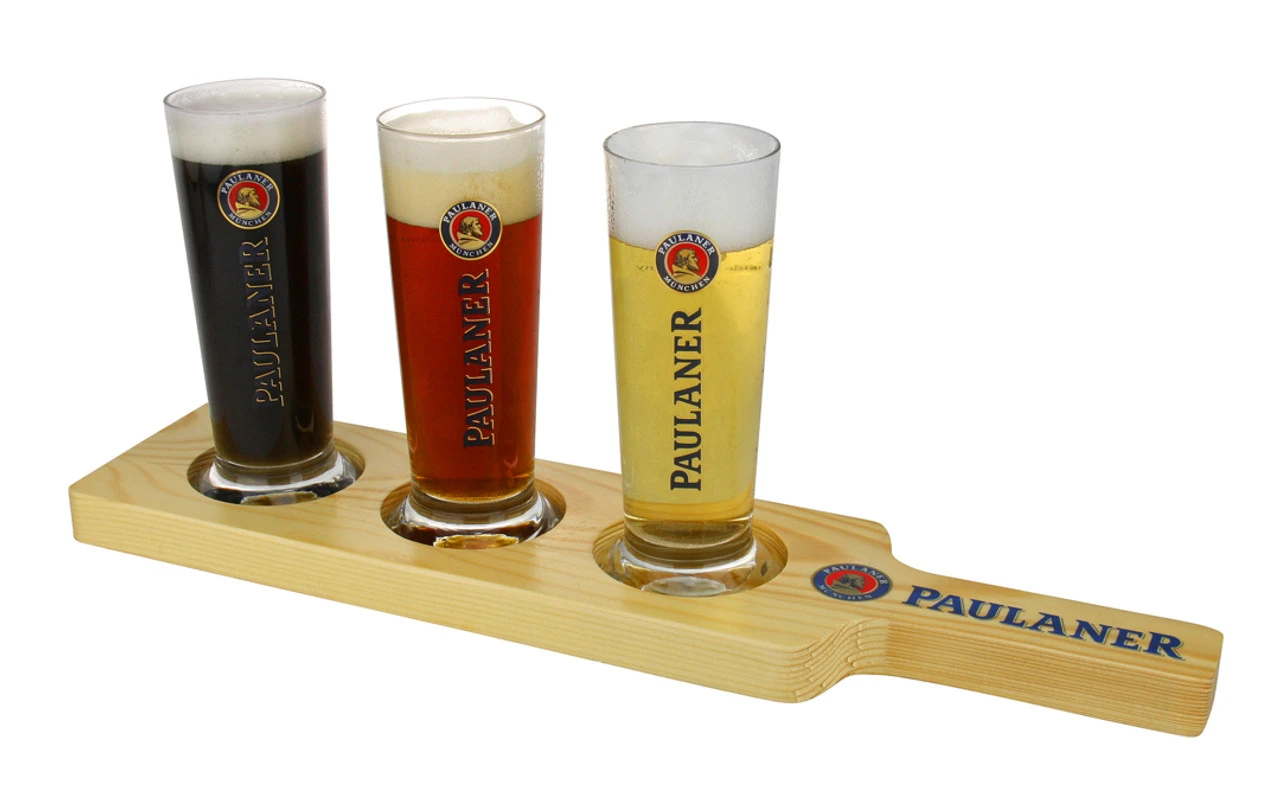 Paulaner Wooden Tasting Glass Paddle With 3 Glasses