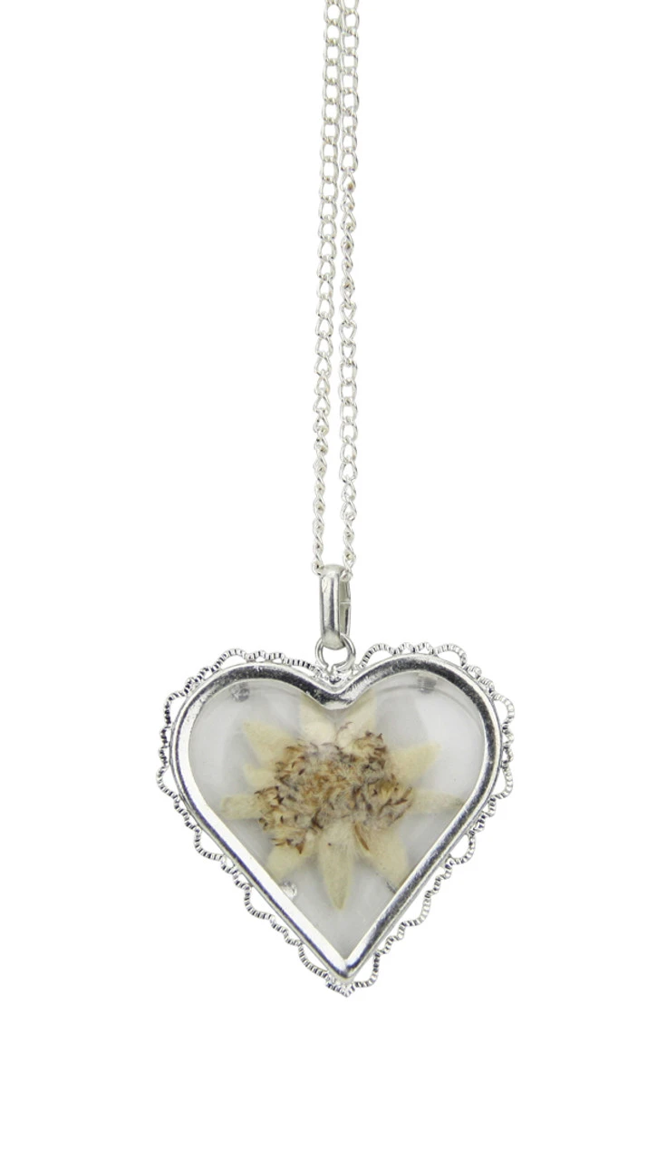 Real Edelweiss Heart Shaped Pendant German Necklace 3 Real Edelweiss Heart Shaped Pendant German Necklace