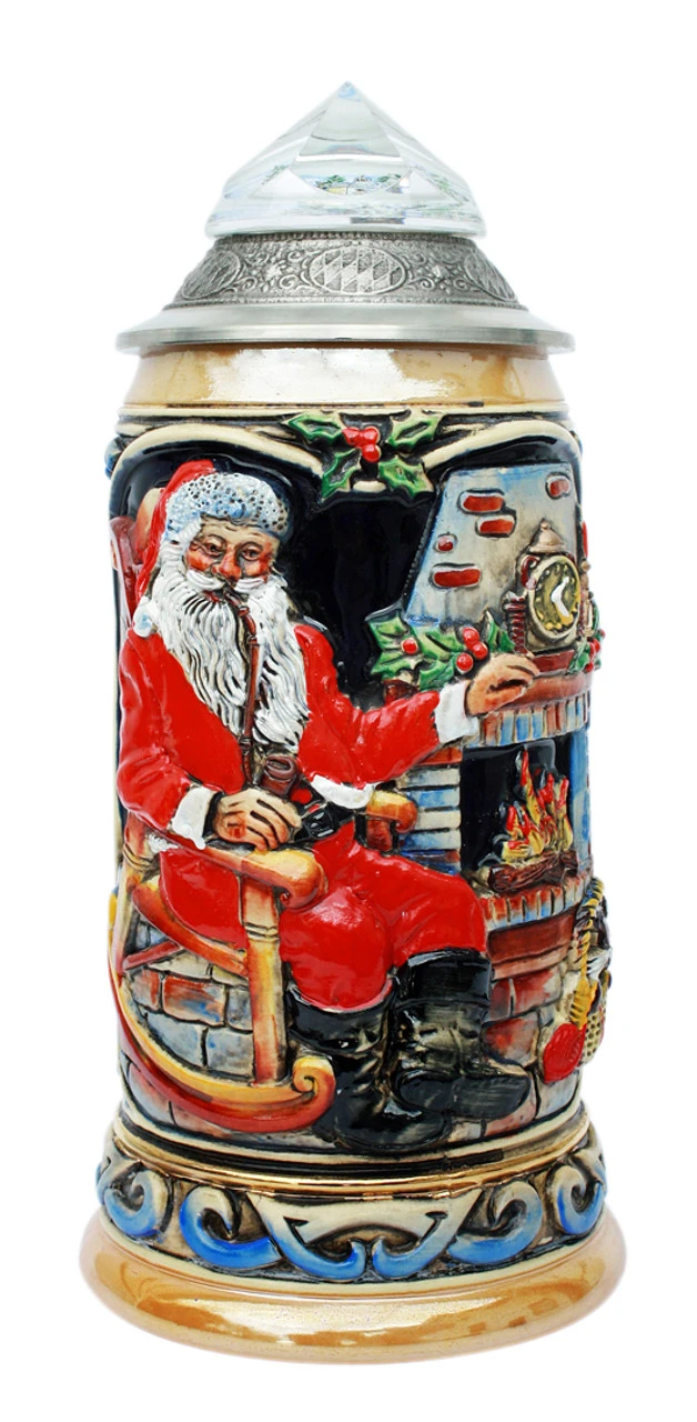 Santa Christmas Beer Stein With Faceted Crystal Lid 3 Santa Christmas Beer Stein With Faceted Crystal Lid