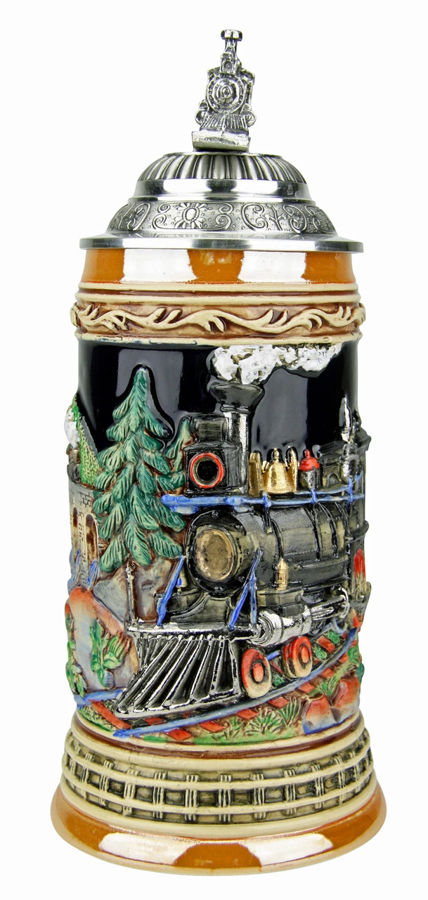 Train Beer Stein With Pewter Train Figurine Lid 3 Train Beer Stein With Pewter Train Figurine Lid